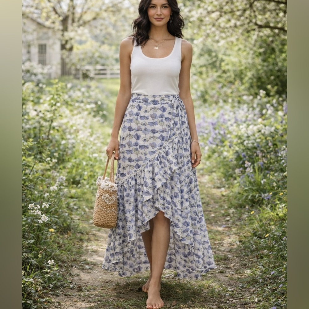 NWT NEW YORK & CO EVA MENDES Floral Wrap Skirt Asymmetrical Ruffle Hem Boho XS